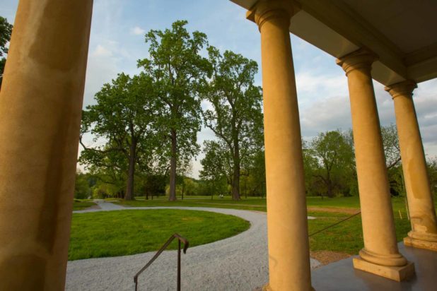 The carriage turnaround in front of Thomas Jefferson's Poplar Forest in VA, as seen from the column-lined front portico.