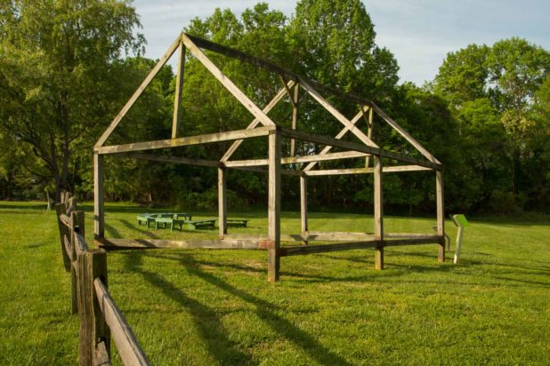 Ghost framing replicates the size and location of a slave cabin discovered through historical archaeology at Poplar Forest.