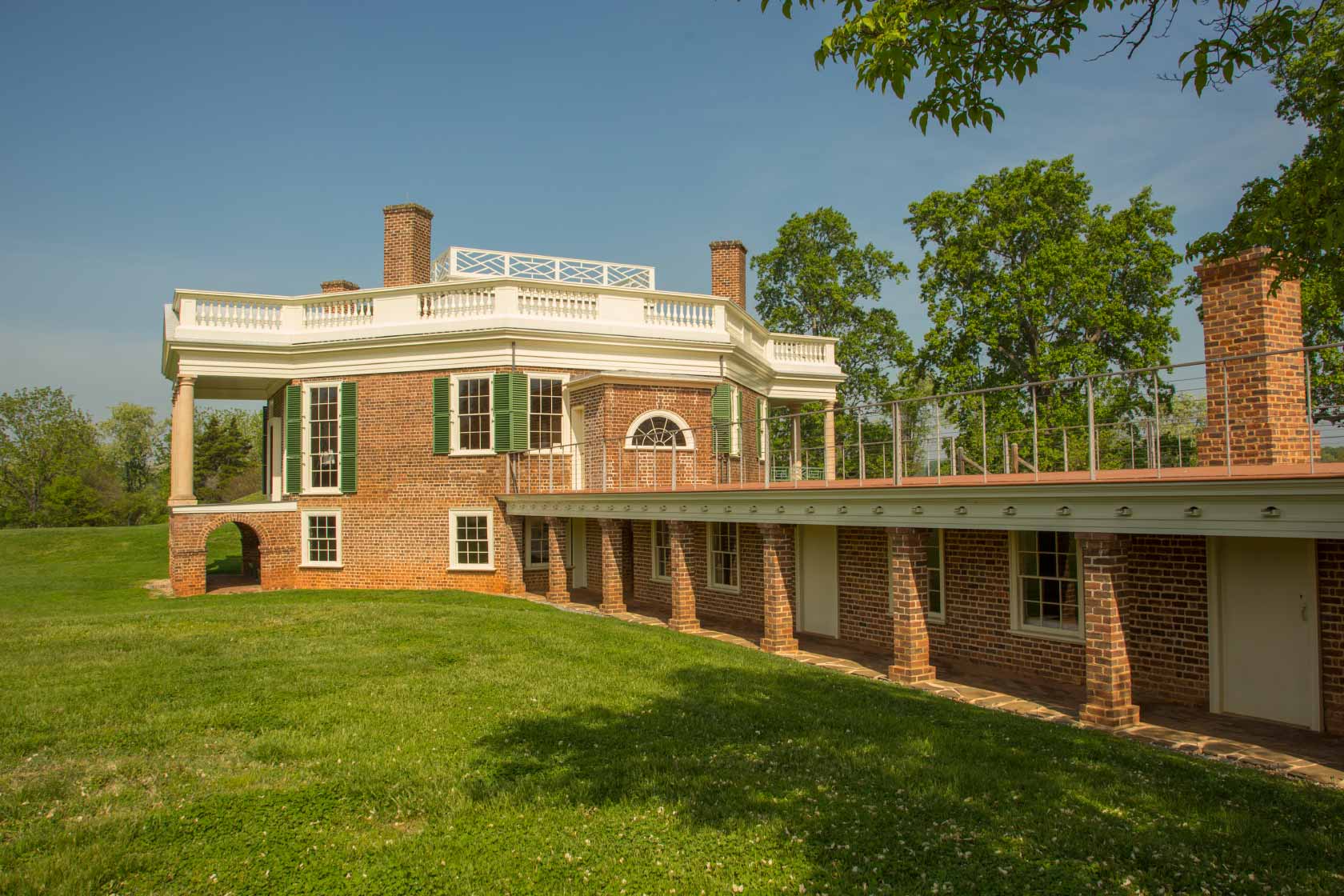 An exterior view of Poplar Forest, the retreat home of Thomas Jefferson, with the Wing of Offices in the foreground.