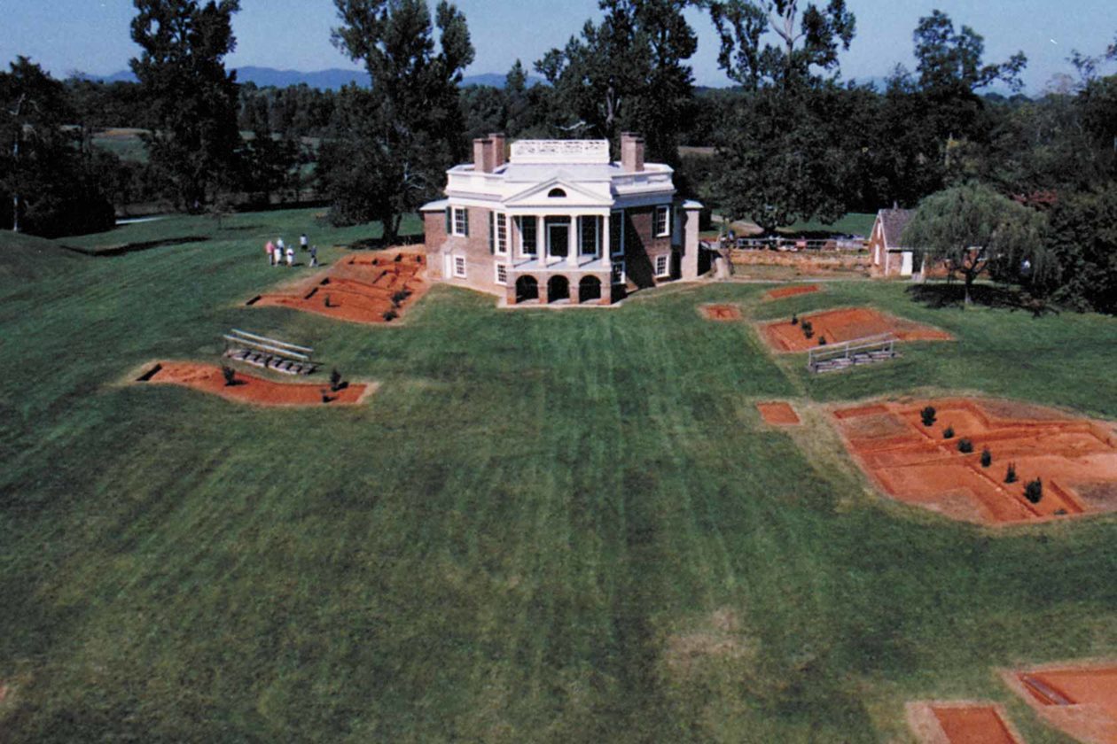 An aerial shot shows Poplar Forest's main building and grounds, with excavation sites surrounding them.